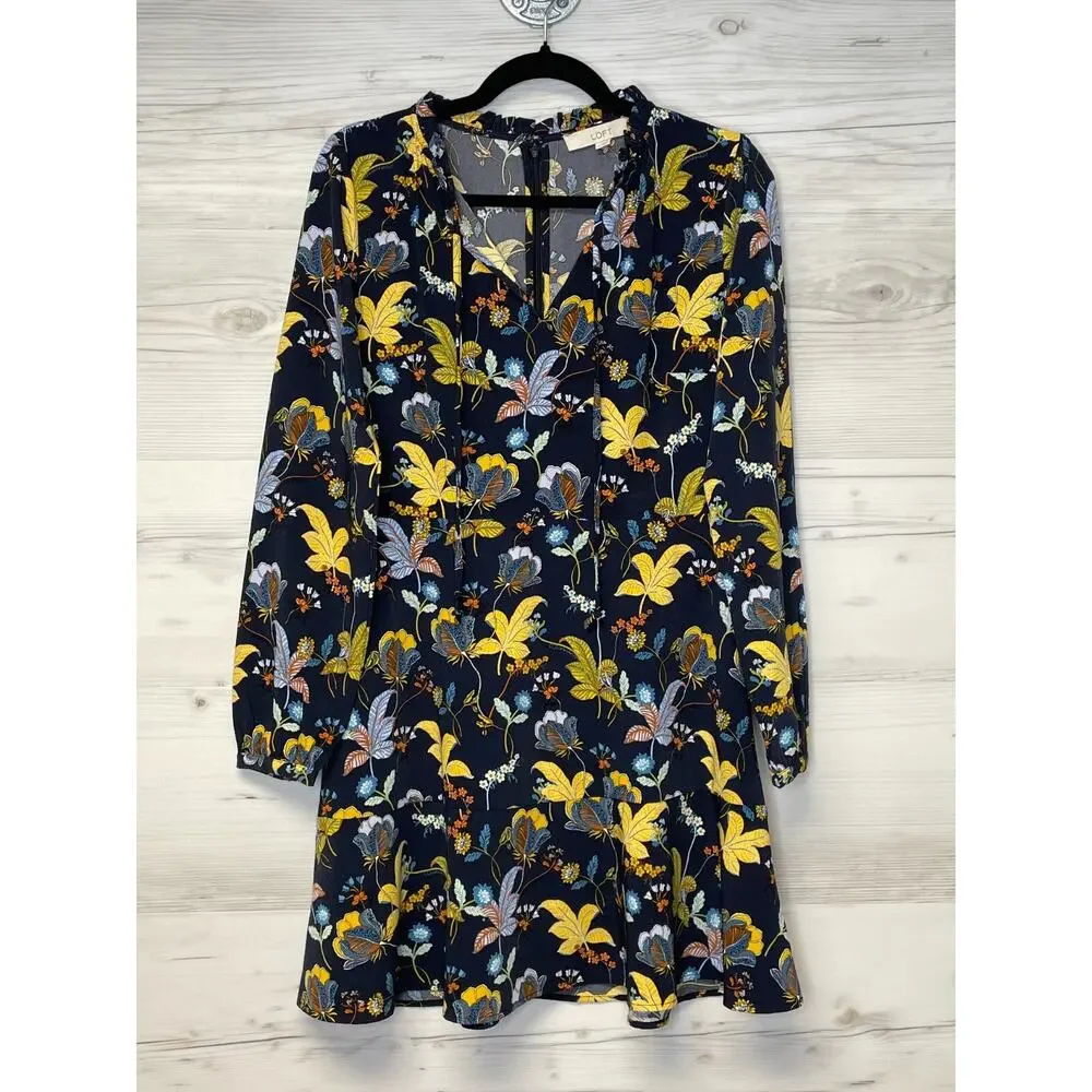 Ann Taylor LOFT Dress 2‎ Womens Blue Floral V Neck Long Sleeve Zip